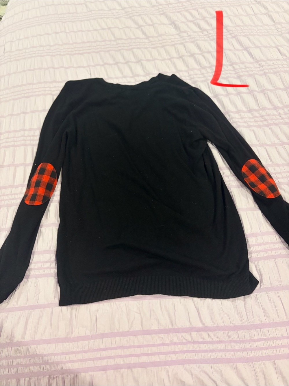 Black Sweater with Red Plaid Elbow Patches